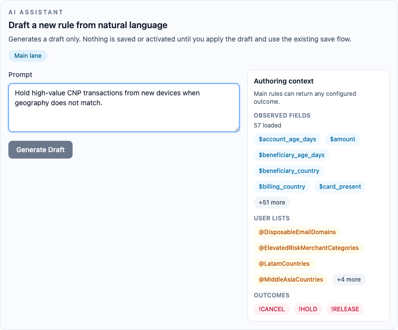 AI rule authoring panel with prompt and context