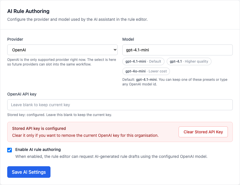 AI rule authoring settings