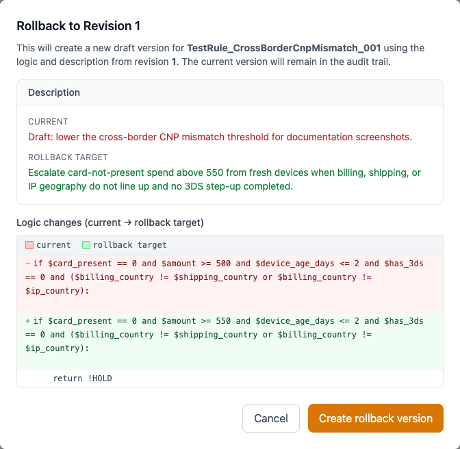 Rollback confirmation with current versus target diff