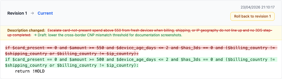 Rule history timeline with rollback action