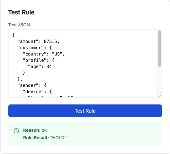 Rule test panel with successful HOLD result